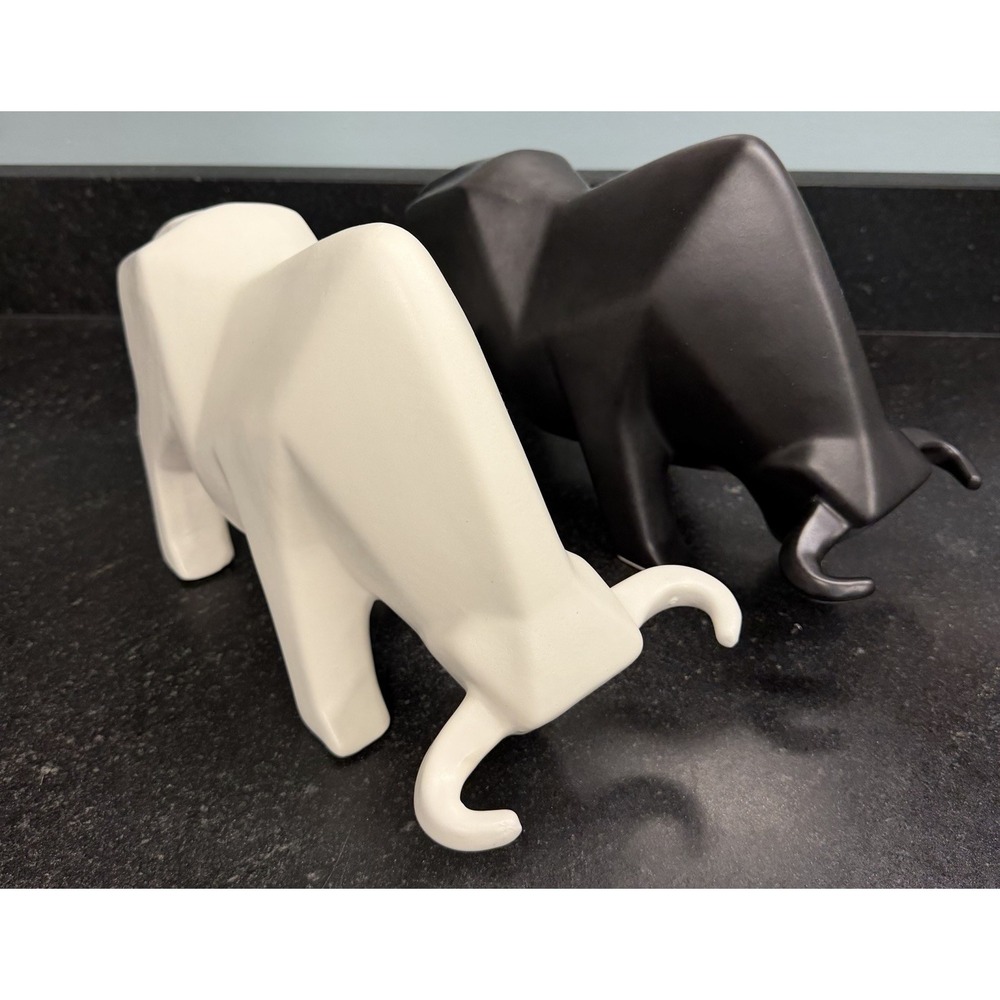 Modernist Geometric Bull Sculpture Set Black & White Ceramic Figures 13" Pair